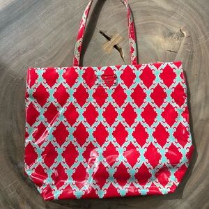 kate spade red and aqua patterned coated tote